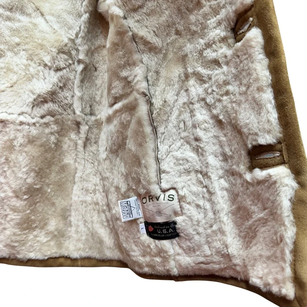 Orvis USA Leather Ranch Coat L Sherpa Lined Western Jacket Camel Mens - Picture 6 of 12